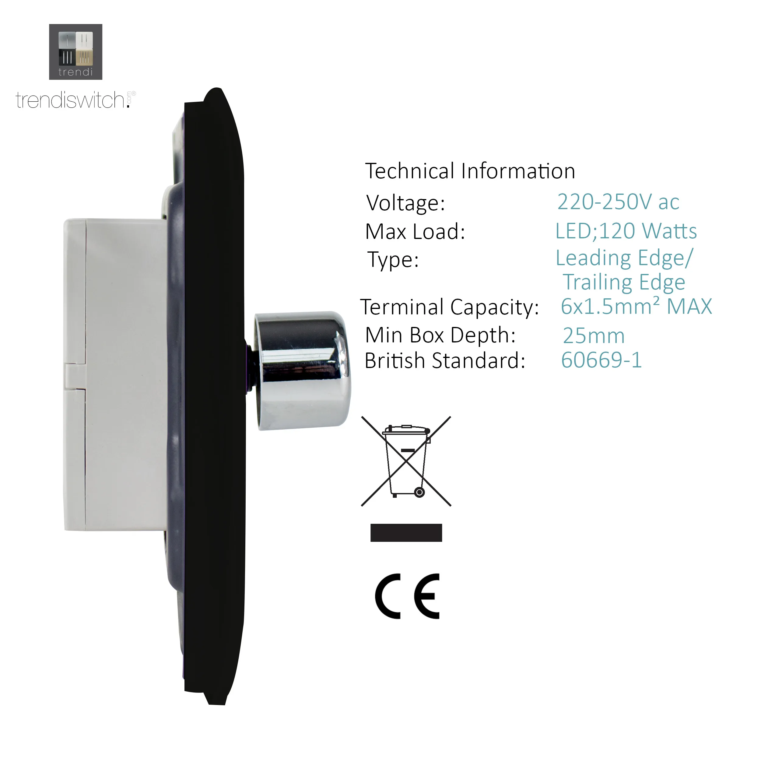 1 Gang 1 Way LED Dimmer Switch Gloss Black ART-LDMBK  Trendi Piano Black